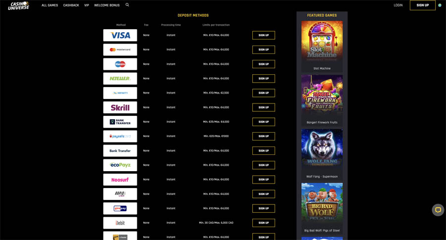 casino universe deposit methods