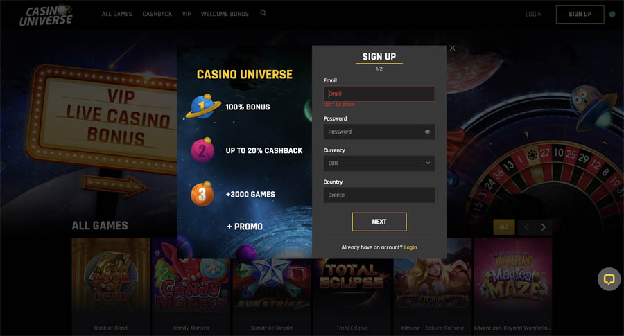 casino universe register step 1