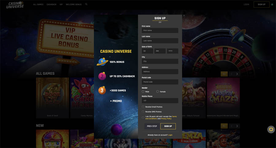 casino universe register step 2